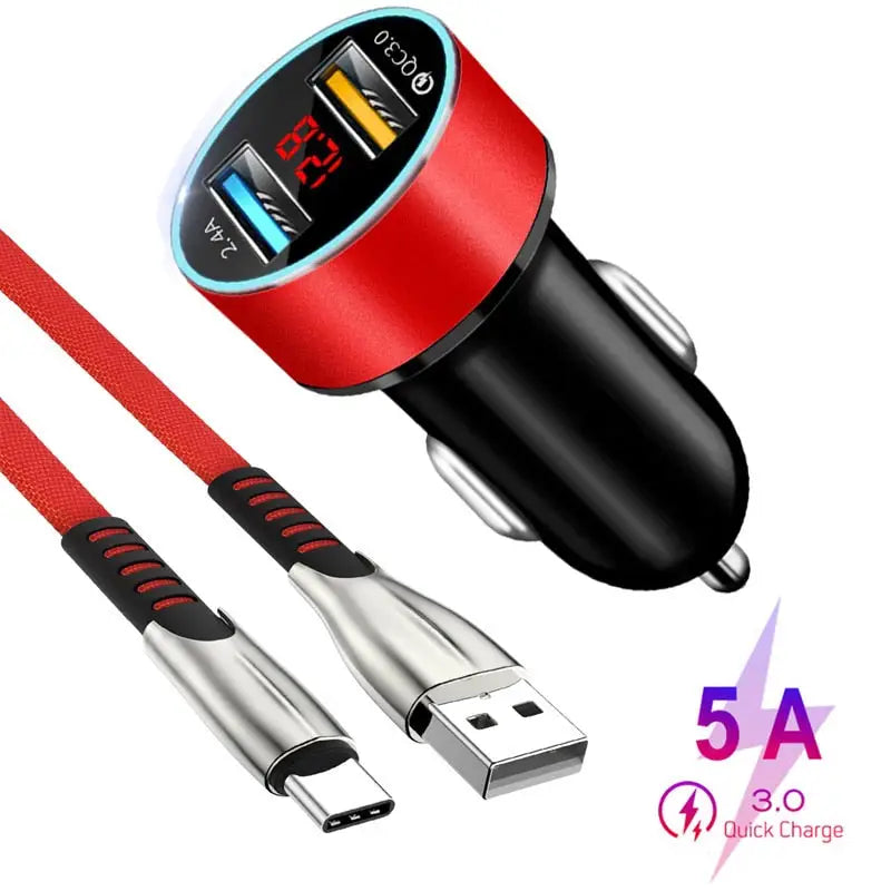 an image of a red car charger with a usb cable
