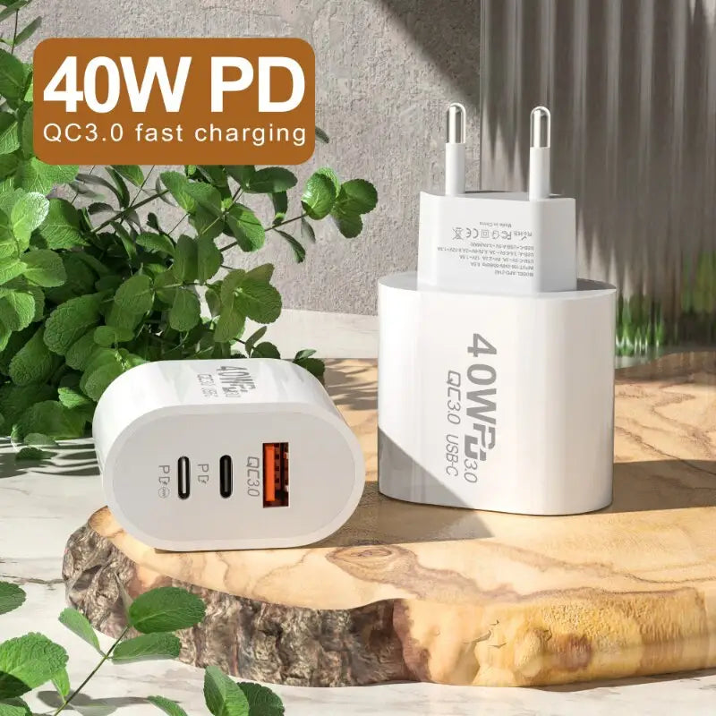 a white power bank with a plant in the background