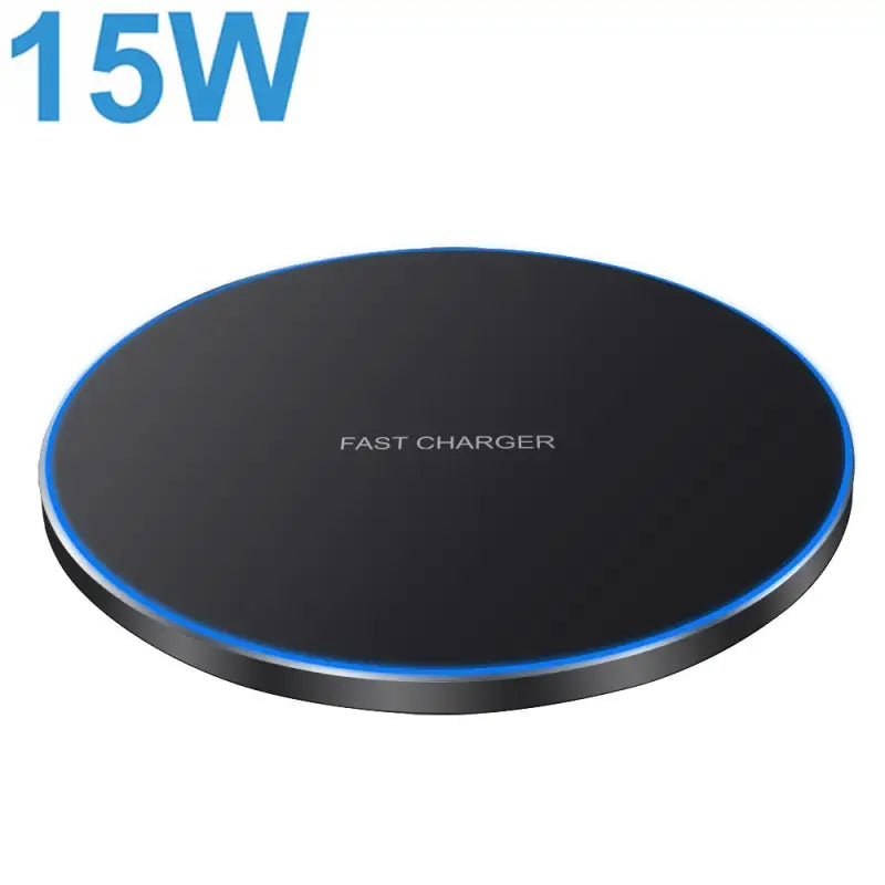 a close up of a black and blue wireless charger on a white background