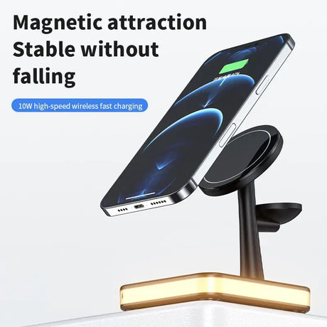 a close up of a cell phone on a stand with a charging charger