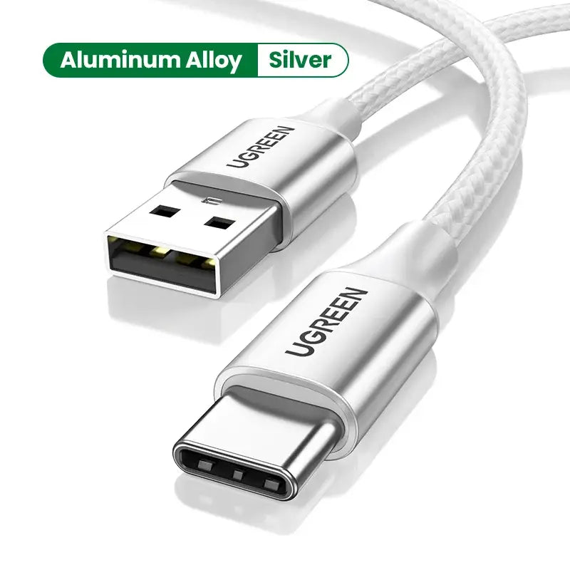 anker usb cable with a white braid and a silver cable