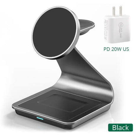 a black and silver charging station with a usb