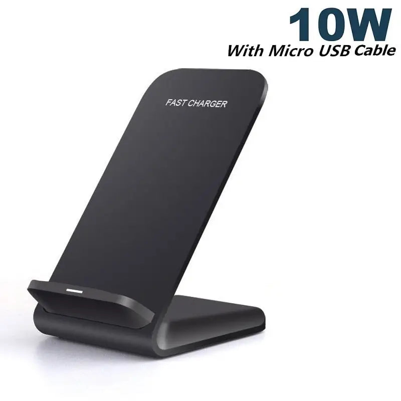 a close up of a black phone on a stand with a white background