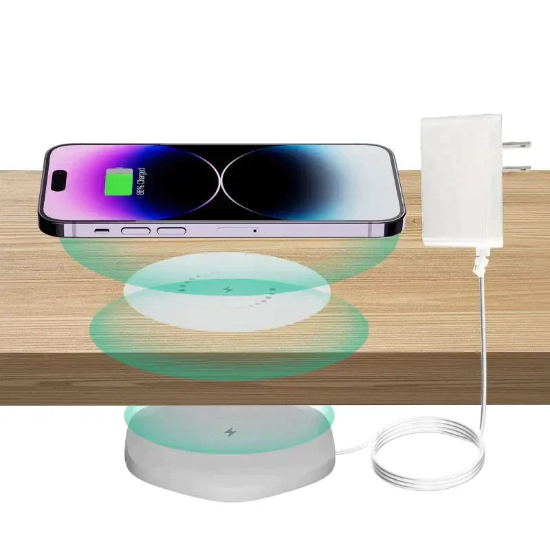 a wooden charging station with a phone and a charger