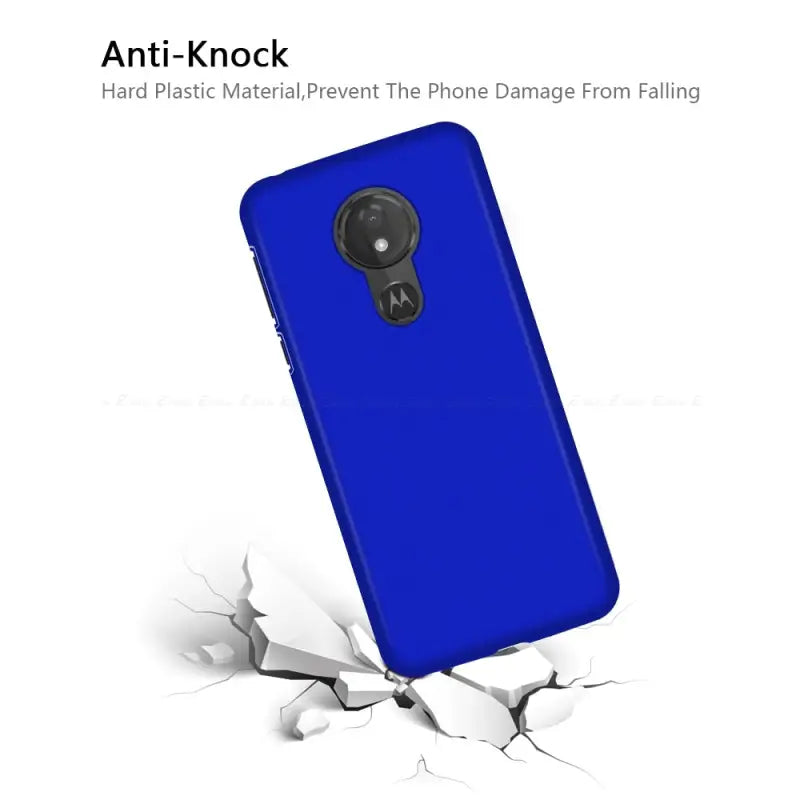 the back of a blue motorola phone case