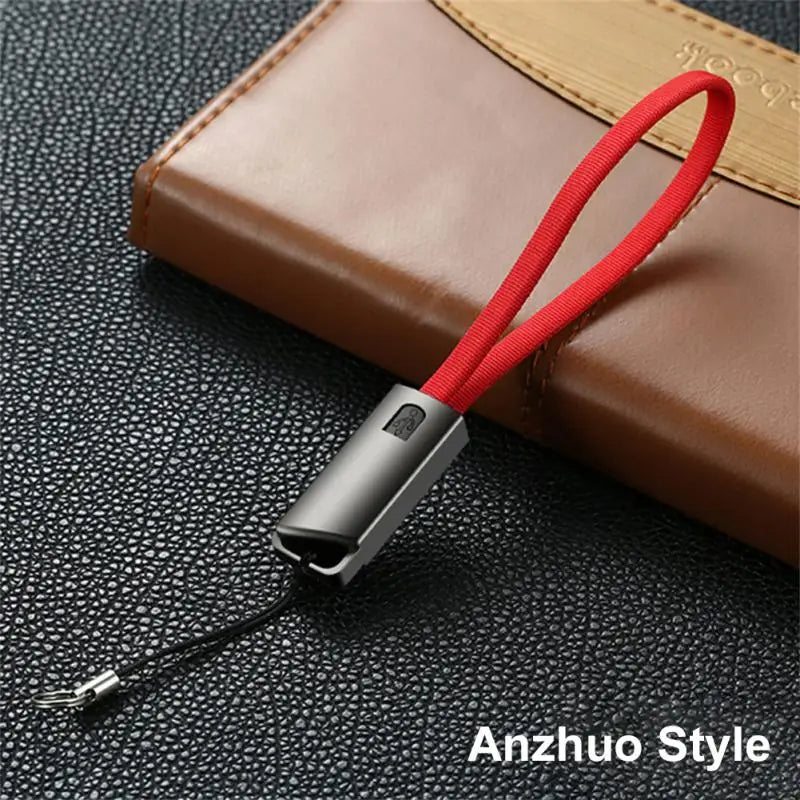 a close up of a red lanyard with a leather case