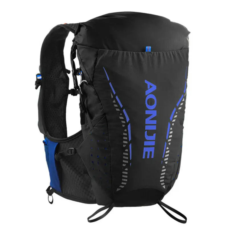 a black and blue backpack with a blue logo on it