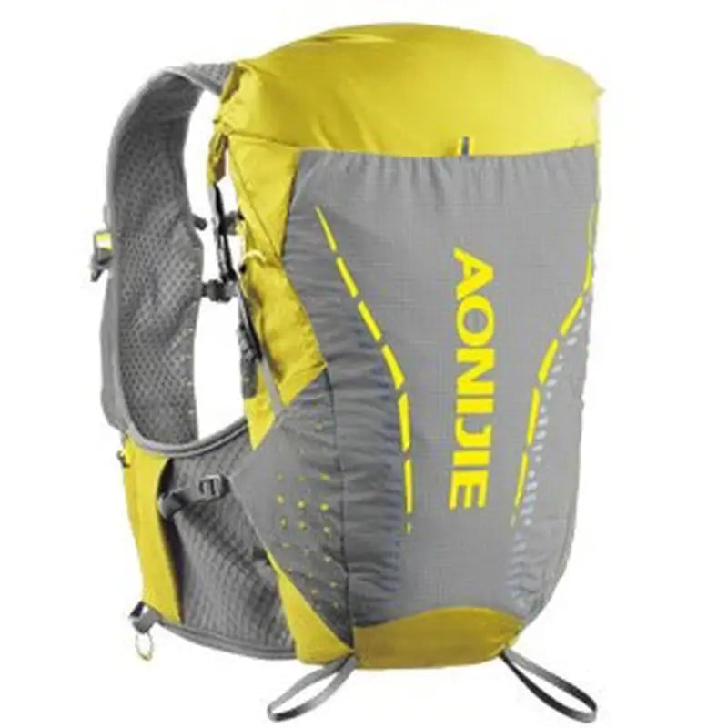 a yellow and grey backpack with a yellow logo on it