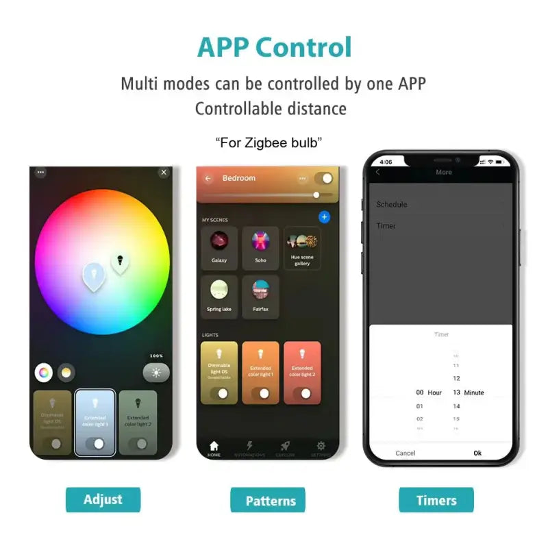 The app control app is shown in three different screens