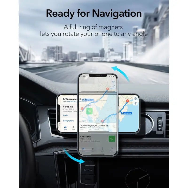the smartphone is connected to the dashboard of a car