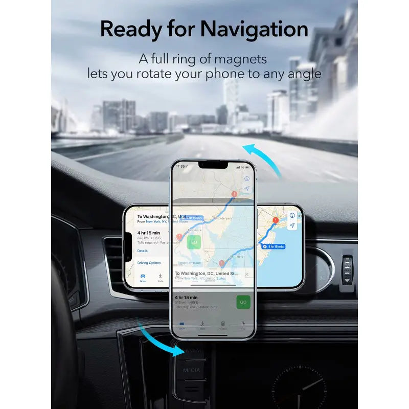 the smartphone is connected to the dashboard of a car