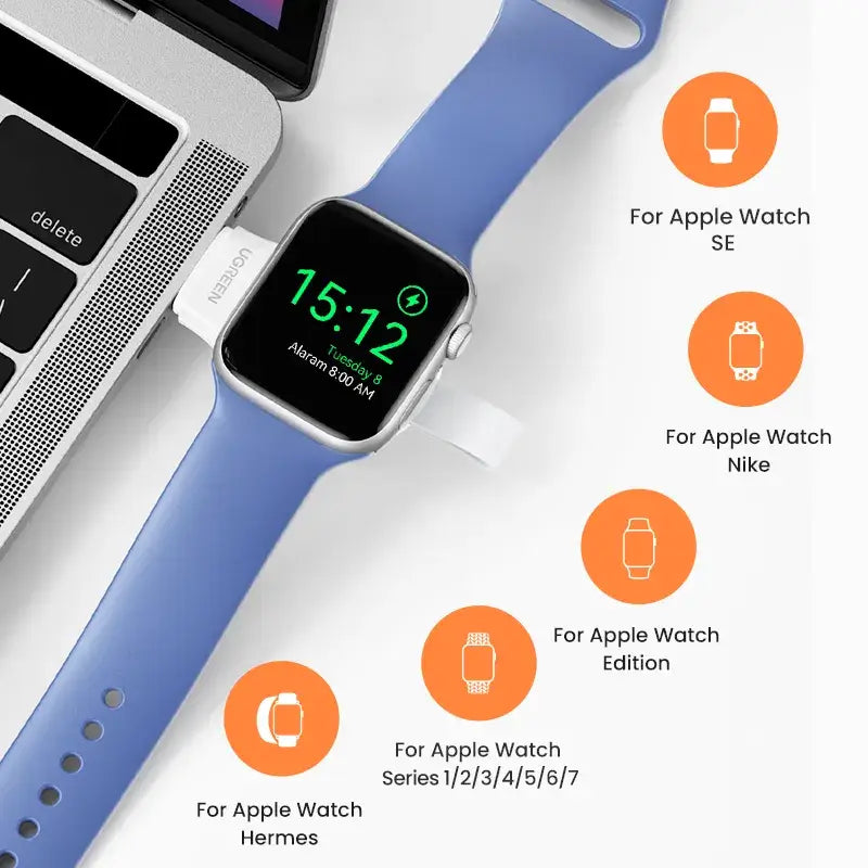 An apple watch with a blue band and a white background