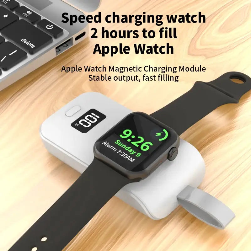 an apple watch charging device on a wooden table