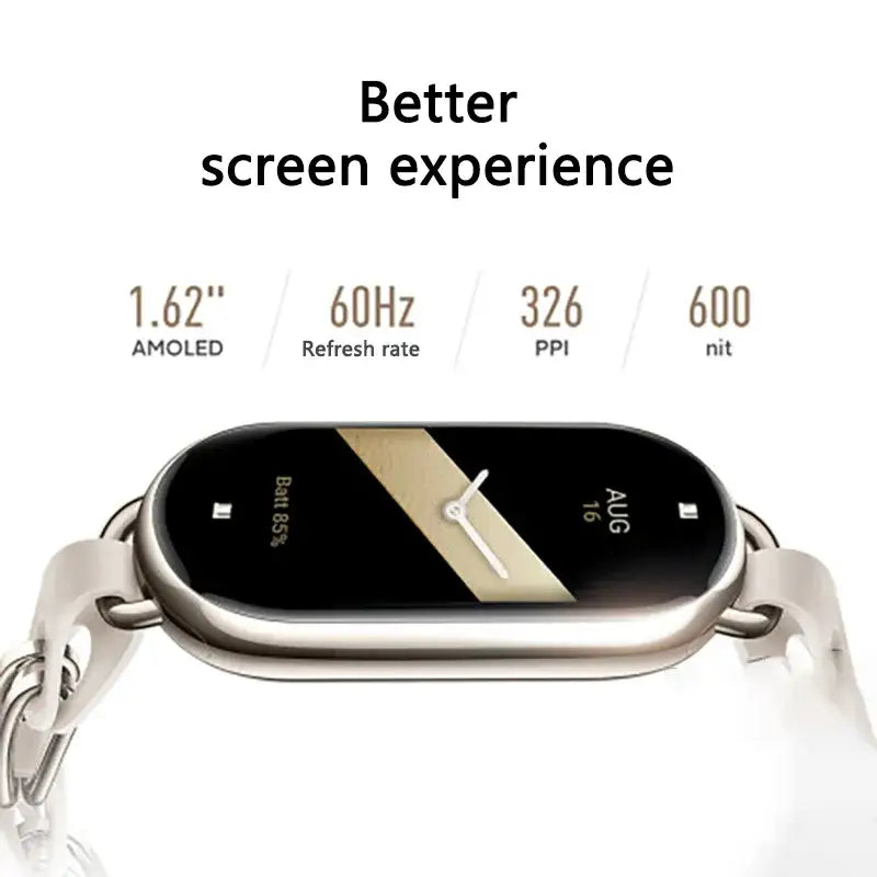 The apple watch is shown with a gold band