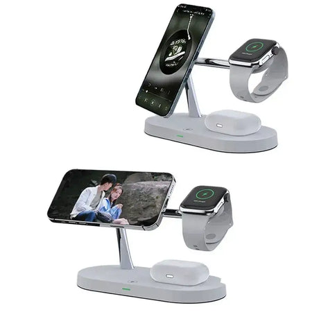 The apple watch stand is shown with a smartphone and a phone