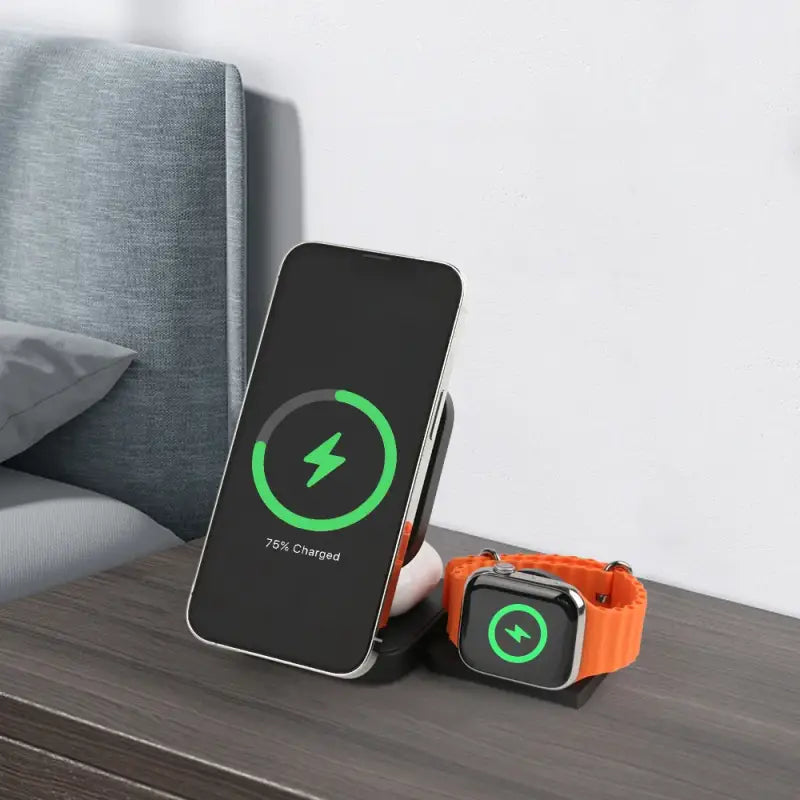 An apple watch charging station on a bed