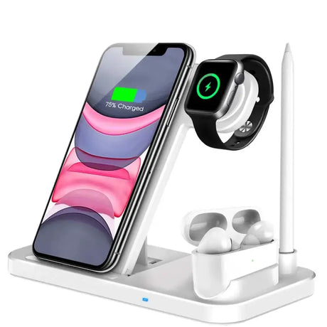 An apple watch charging station with an iphone and earphones