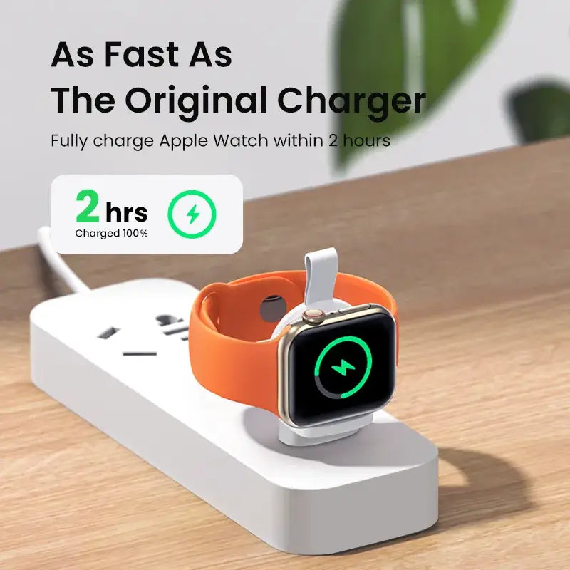 An apple watch charging station on a wooden table