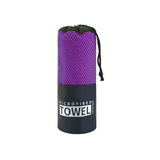 a purple towel with a black handle and a black drawstring
