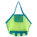 a green mesh bag with a blue handle