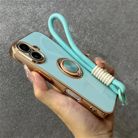 Aqua phone case with gold trim and wrist strap.