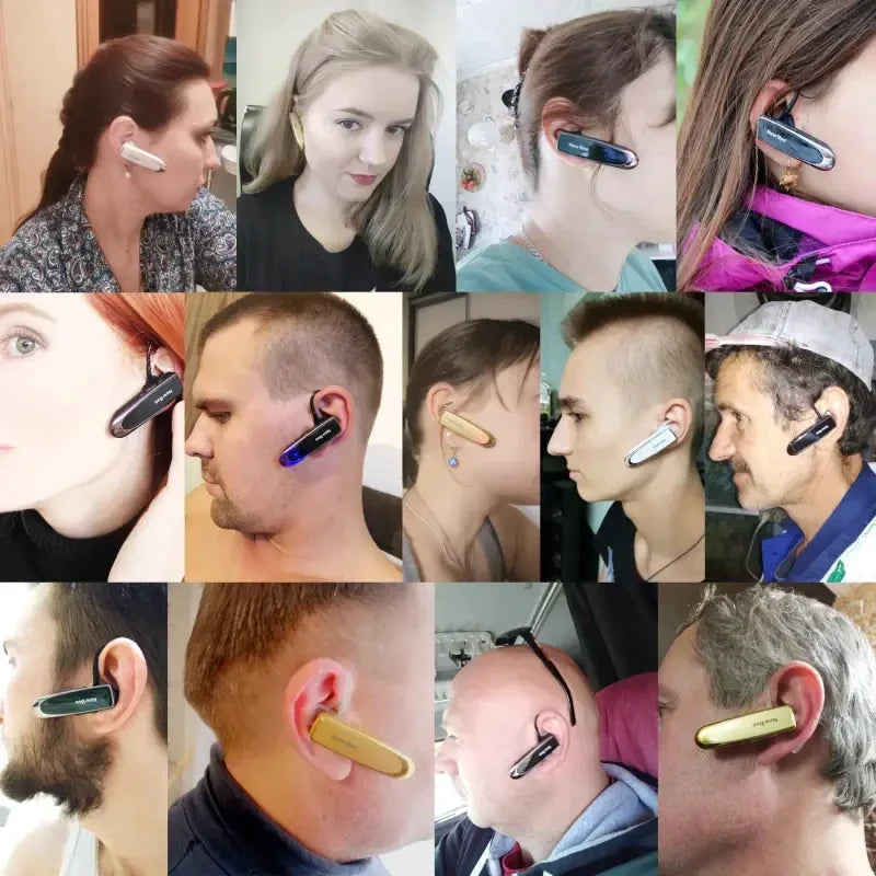 arafed collage of a man with earplugs and a woman with a cell phone