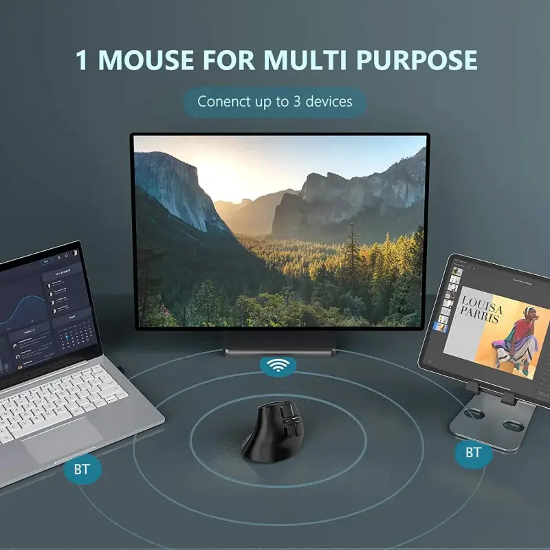 Arafed image of a laptop, mouse, and a mouse pad with the words mouse for multi purpose connected to devices