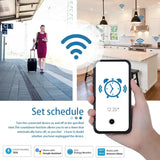 Arafed image of a woman walking down a hallway with a suitcase and a smart phone
