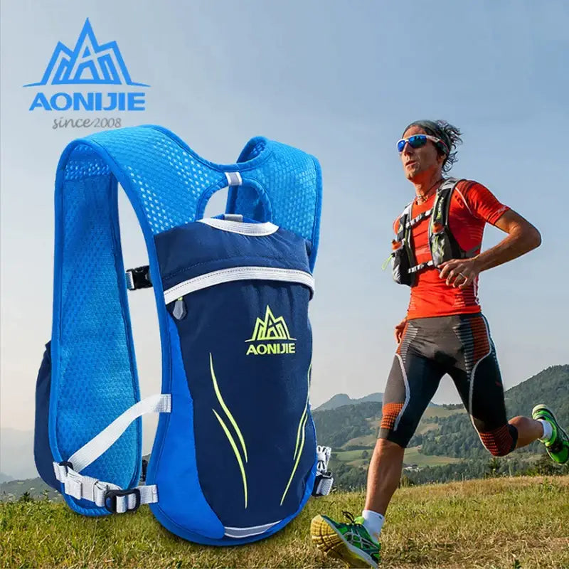 arafed man running in a blue and green backpack on a grassy hill