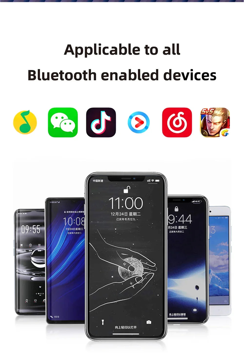 Array of smartphones displaying various screen interfaces and app icons.