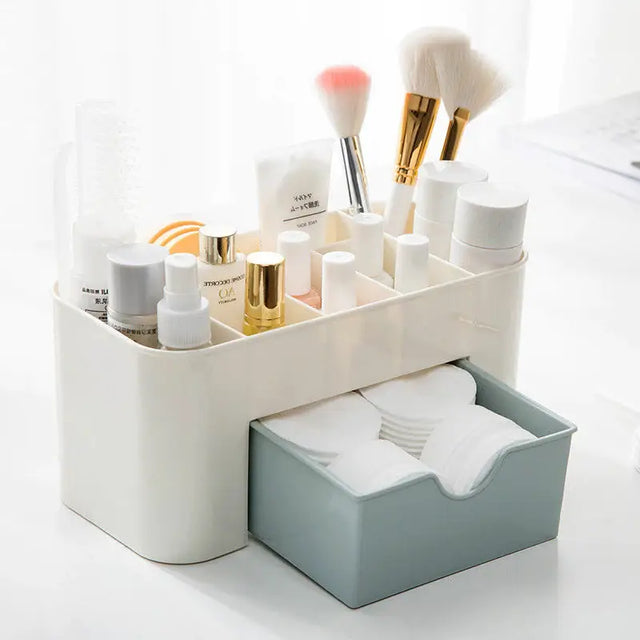 a white desk with a blue and white organizer