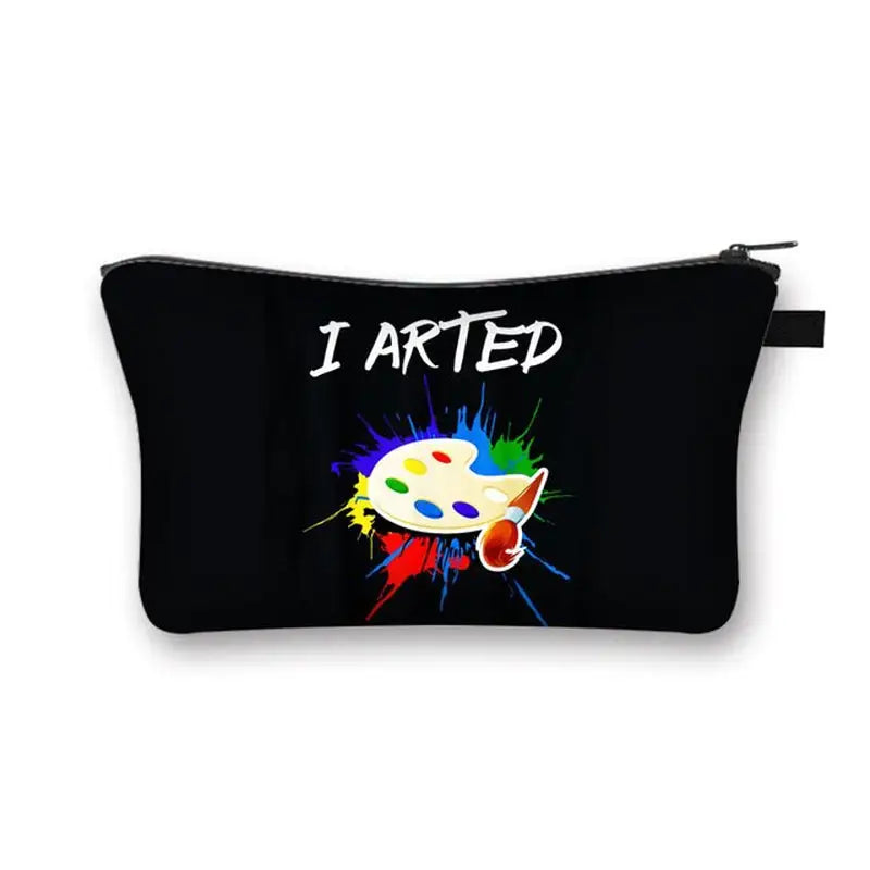 a black zipper bag with a colorful paint spe on it