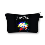a black zipper bag with a colorful paint spe on it