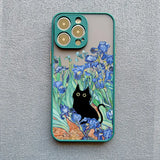 Artistic iPhone case featuring a black cat among blue irises, inspired by Van Gogh’s style.