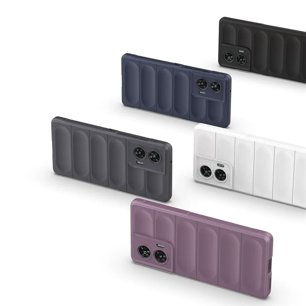 Assorted color smartphones with textured cases.
