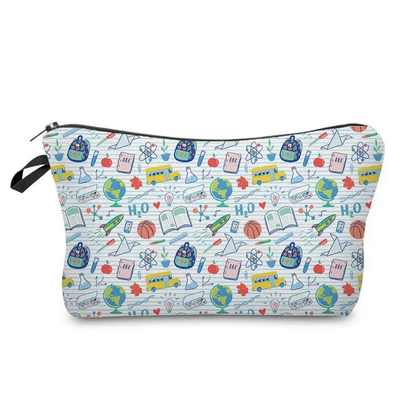 a white pencil case with colorful drawings on it