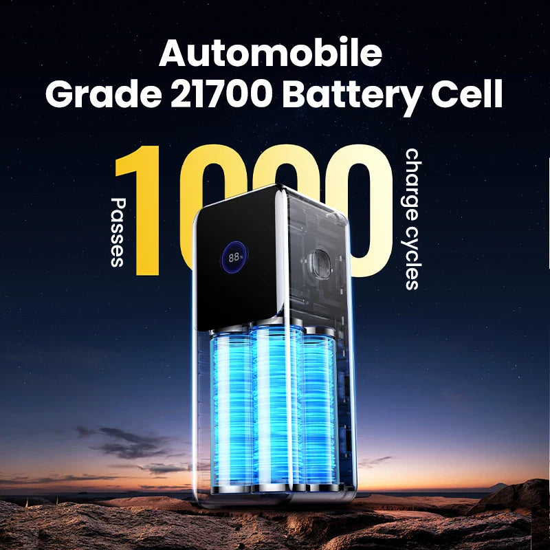 Automobile battery cell with glowing blue internal components and ’1000’’ displayed prominently.