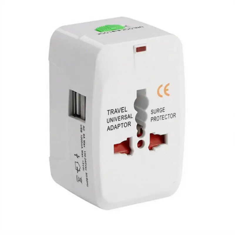 a white travel adapt plug with a red light on top