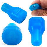 a blue plastic stopper with a finger