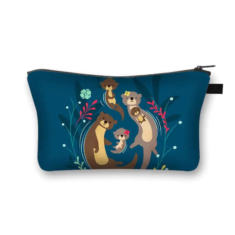 a blue cosmetic bag with two otters and flowers