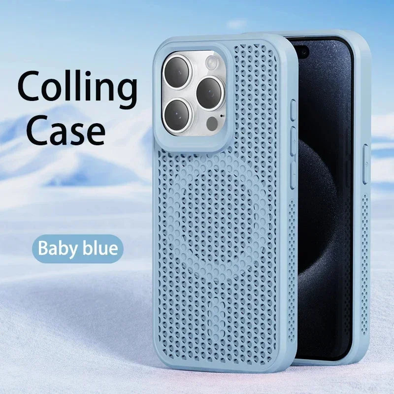 Baby blue phone case with a perforated design and circular pattern.