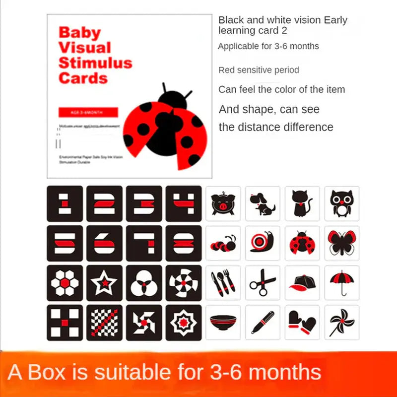 a box of black and white cards with red and black designs