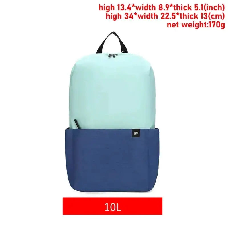 a backpack with a blue and white color