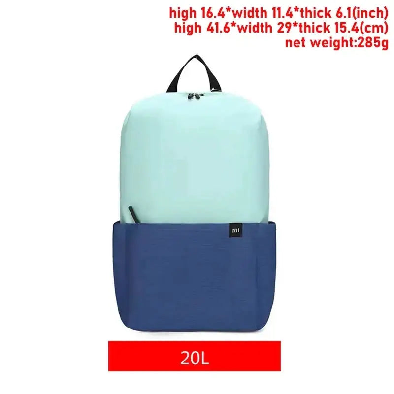 a backpack with a blue and white color
