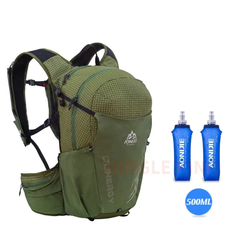 a backpack with a bottle and a bottle of water