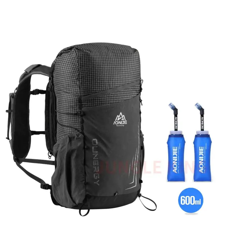 a backpack with water bottle and a bottle