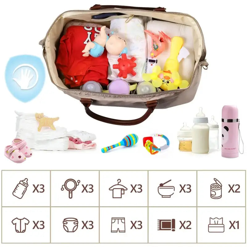 a bag filled with baby items and toys