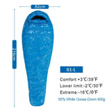 the sleeping bag is shown with measurements
