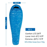 the sleeping bag is shown with measurements