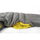 a sleeping bag with a yellow zipper